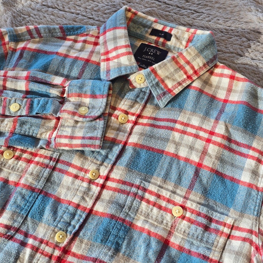 J. Crew Mens Slim Fit Flannel Plaid Button Down Shirt Blue Red‎ White Medium
